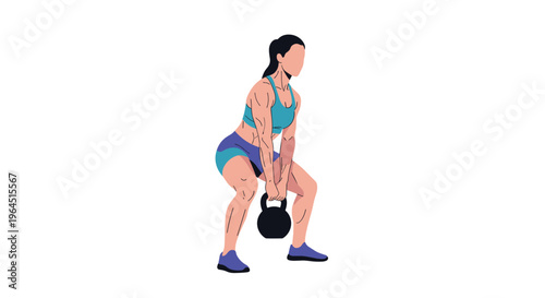 A strong female figure with dark hair performs a kettlebell squat, holding a black kettlebell between her legs.