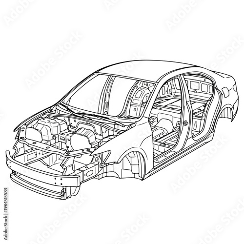 Car body structure with exposed engine and interior components