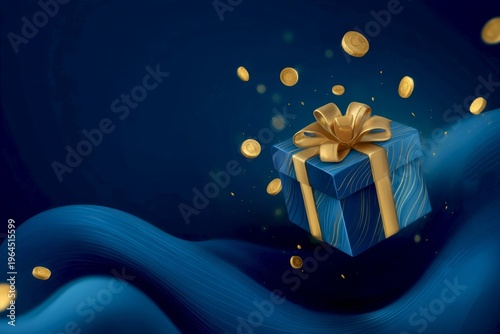 A beautifully wrapped gift box sits against a deep blue background. Gold coins float around it, giving a festive vibe. Perfect for celebrations and special occasions. AI