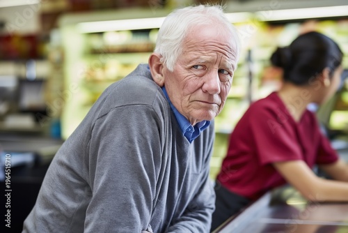 Confused Senior Man with Hearing Problems in a Supermarket