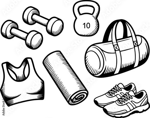 Black and white line of fitness equipment including dumbbells kettlebell sports bra gym bag yoga mat and sneakers