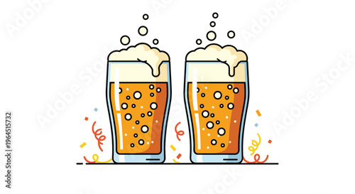Two tall, straight-sided beer glasses filled with golden beer, white foam, and rising bubbles stand side-by-side, surrounded by colorful confetti streamers against a white background.