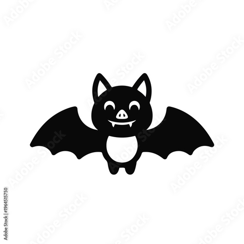 Black cartoon bat flying with happy face and white belly
