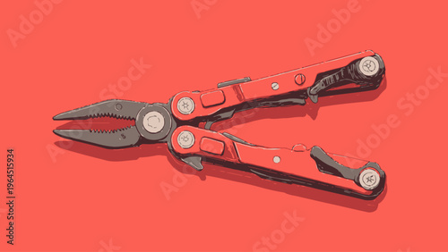 Red multi-tool pliers with wire cutters and screwdriver attachments on a plain red background