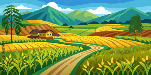 Above golden paddy field during harvest season. Beautiful field sown with agricultural crops and photographed from above. top view agricultural landscape areas the green and yellow rice