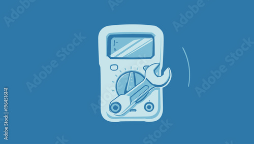 Illustrative vector icon of a multimeter with a wrench, symbolizing electronic repair, smart device diagnostics, and maintenance services