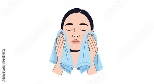 A woman with closed eyes gently wipes her face with a light blue towel, showing water droplets on her skin.