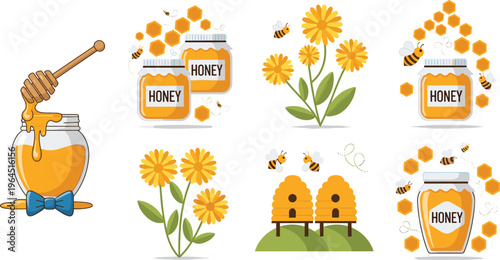 Organic Honey and Beekeeping Vector Illustration Set Featuring Honey Jars with Sunflowers Beehives Honeycombs and Bees for Natural Food and Apiary Branding