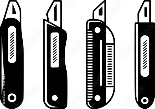 Black and white of utility knives with sharp blades and textured grips knife cutter