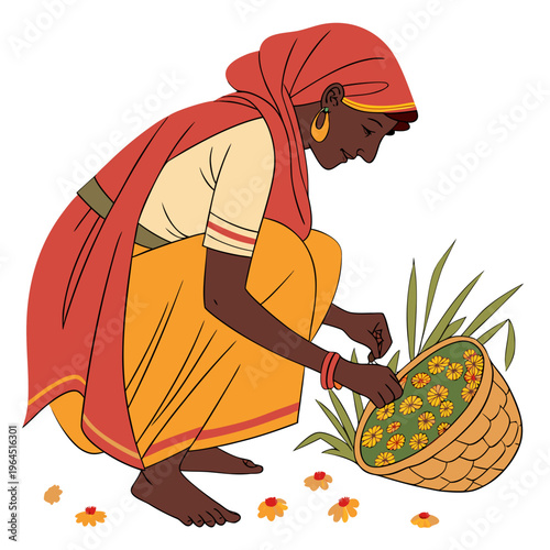 An indian woman in traditional clothing picking flowers from a basket