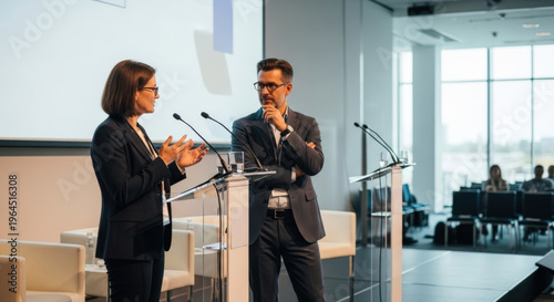 Business conference discussion, two professionals speaking at podium in corporate event