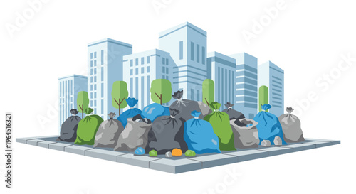 Numerous colorful garbage bags are piled on a city sidewalk in front of a backdrop of modern buildings and green trees.