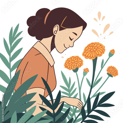 A woman in an orange shirt smelling orange flowers in a garden with green leaves