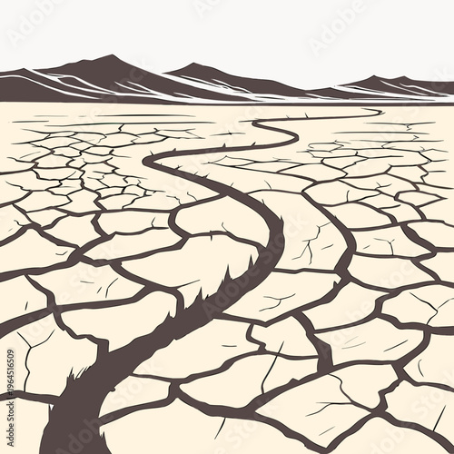 A desolate landscape depicting a dry and cracked earth with a winding path leading to distant mountains under a clear sky