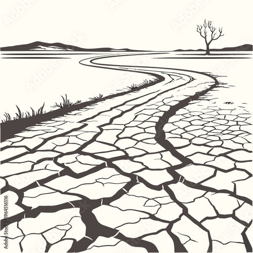 A black and white illustration of a cracked earth landscape with a winding path and a bare tree in the distance on a beige background