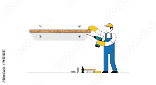 A construction worker in blue overalls is diligently installing a wooden shelf onto a wall using a cordless drill, with various tools laid out on the floor.