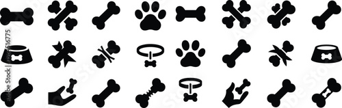Dog bone and pet accessory silhouette icons set. Paw print, bowl, collar vector illustration