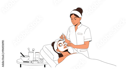 A skilled esthetician is precisely applying a nourishing face mask to a client's skin using an applicator tool in a professional spa setting.