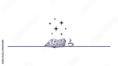 Book with Stars and Coffee: An open book, from which a cluster of stars seems to rise, alongside a steaming coffee cup, all delicately set on a subtle line. A visual narrative of imagination, calm.