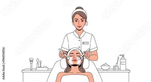 An attentive esthetician is meticulously applying a rejuvenating face mask to a client's skin using two brushes during a spa treatment session.