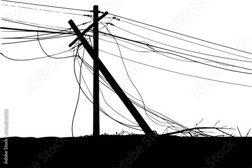 Photos Black silhouette of damaged telephone pole with tangled wires against white back