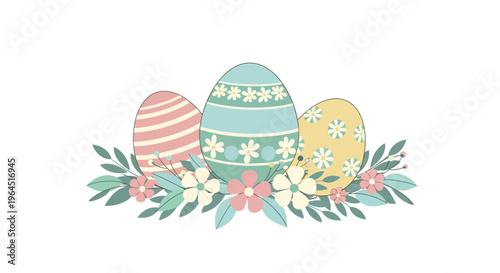 Easter celebration illustration featuring decorated eggs and floral decorations on a white background with a business or event design element.