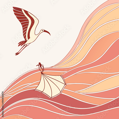 Vibrant illustration of a person surfing on abstract wavy lines with a bird flying overhead in a dynamic scene