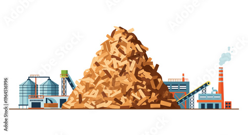 A colossal pile of wood chips stands prominently in front of an industrial factory complex with silos and conveyor belts.