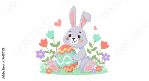 A cheerful Easter illustration of a rabbit surrounded by colorful eggs, flowers, and heart decorations on a white background, celebrating the holiday with a joyful design.