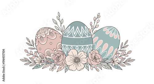 Easter celebration illustration of decorated eggs and flowers with a business background design for Easter holiday art