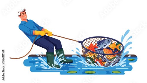 Fishing Bounty: A robust fisherman strains to haul in a heavy net bursting with various vibrant fish, representing the rewarding nature of a fruitful catch.