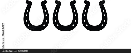 Black and white vector silhouette collection of three horseshoes isolated on white background for lucky charm equestrian and western country design elements