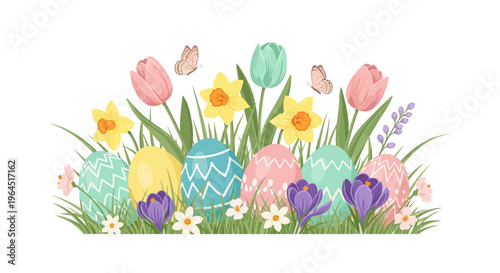 Colorful Easter illustration of rabbits, eggs, and spring flowers, including tulips and daffodils, on a white background, symbolizing celebration and new life.