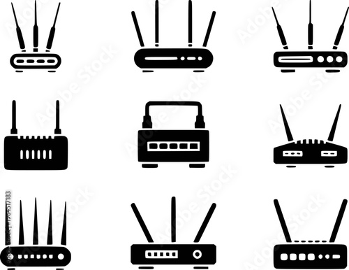 Collection of black router and modem with antennas a white background internet network