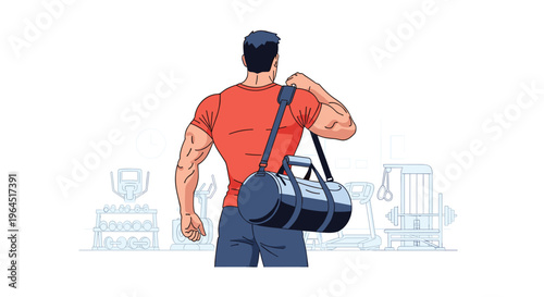 A muscular man, seen from the back, carries a blue gym bag over his shoulder amidst blurred gym equipment.