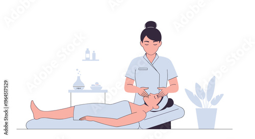 A professional esthetician is performing a soothing facial massage on a relaxed client, with a diffuser and plant in the tranquil background.