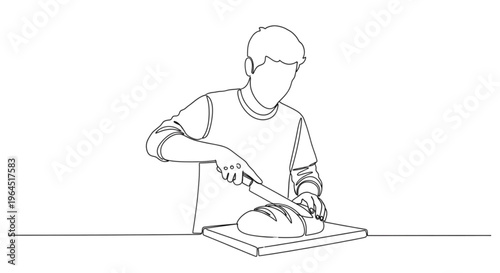 Man cutting fresh bread loaf on wooden cutting board at home  
