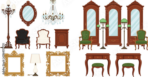 Luxury Antique Furniture and Home Decor Vector Set Featuring Crystal Chandeliers Gold Ornate Frames Classic Armchairs and Elegant Vanity Desks for Interior Design