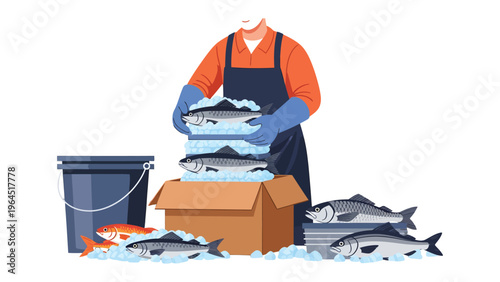 Fish Processing and Packaging: A diligent worker packages freshly caught fish with care, ensuring quality and freshness during the packaging process.