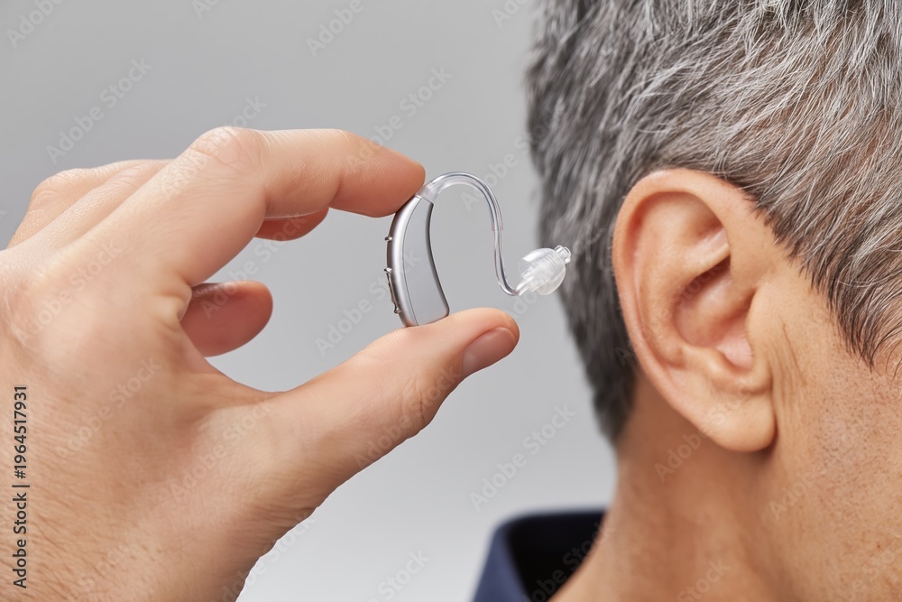 Fototapeta premium Hand Holding a Hearing Aid Ready to Be Inserted in Ear
