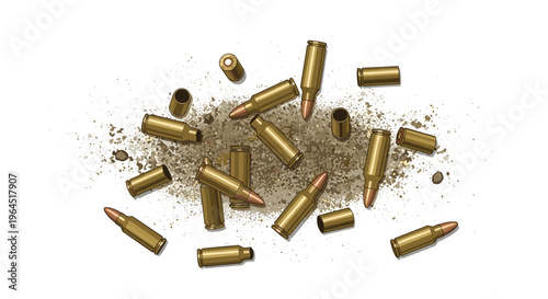 Numerous brass bullet casings and live rounds are scattered across a textured, dusty, light-brown surface.