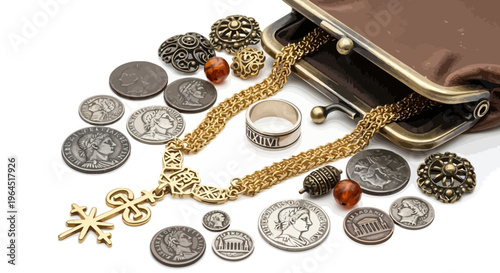 Scattered antique jewelry and coins with a purse on a white backdrop