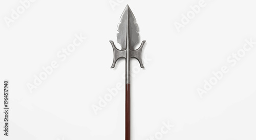 A detailed image of a polearm, a spear-like weapon with a metal head and wooden shaft