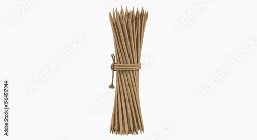A bundle of wooden skewers, tightly bound with twine, arranged upright against a white backdrop