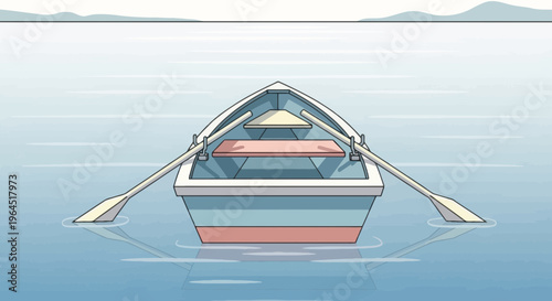 A cartoon-style rowboat floats on serene water, oars in place, with distant hills