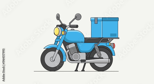 A blue motorcycle with a box on the back, possibly for deliveries. Vector-style illustration