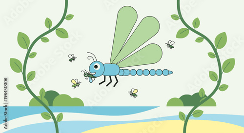 A blue dragonfly eats an insect, surrounded by greenery and small flying bugs over water