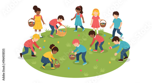 A cheerful flat design illustration depicting diverse children enjoying an Easter egg hunt in a sunny park, collecting colorful eggs in their baskets. 