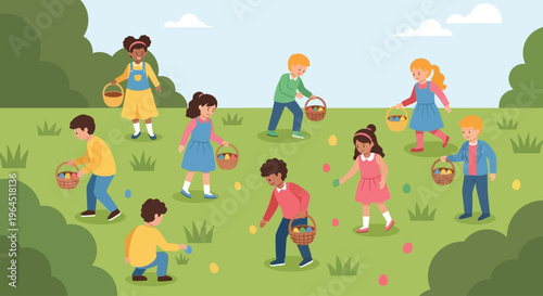 A cheerful flat design illustration depicting diverse children enjoying an Easter egg hunt in a sunny park, collecting colorful eggs in their baskets. 