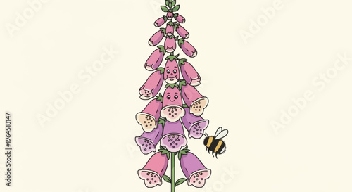 A cartoon illustration of a foxglove flower with friendly faces, and a buzzing bee